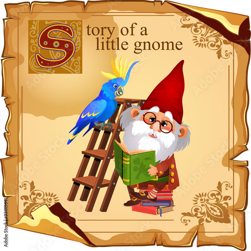 Cute gnome with parrot reading a book photo