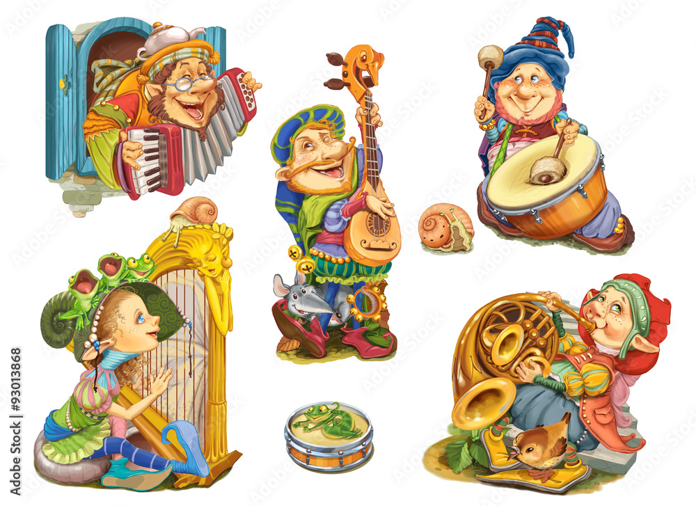 Set elves playing musical instruments.