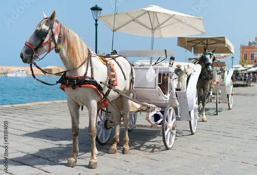 Horses and vintage carriages on the pier near the sea.