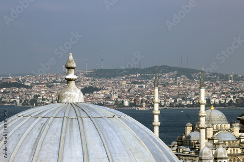 View across the domes of the shopping arcade from the Suleymaniye Mosque towards the city of Istanbul