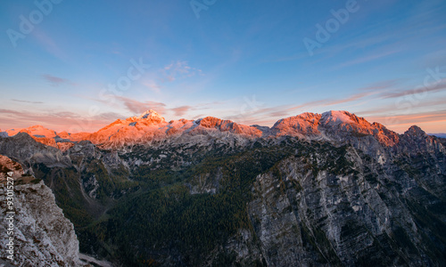 Sunrise in the mountains. Early morning as viewed from the top of Visevnik hill with vast landscape below.