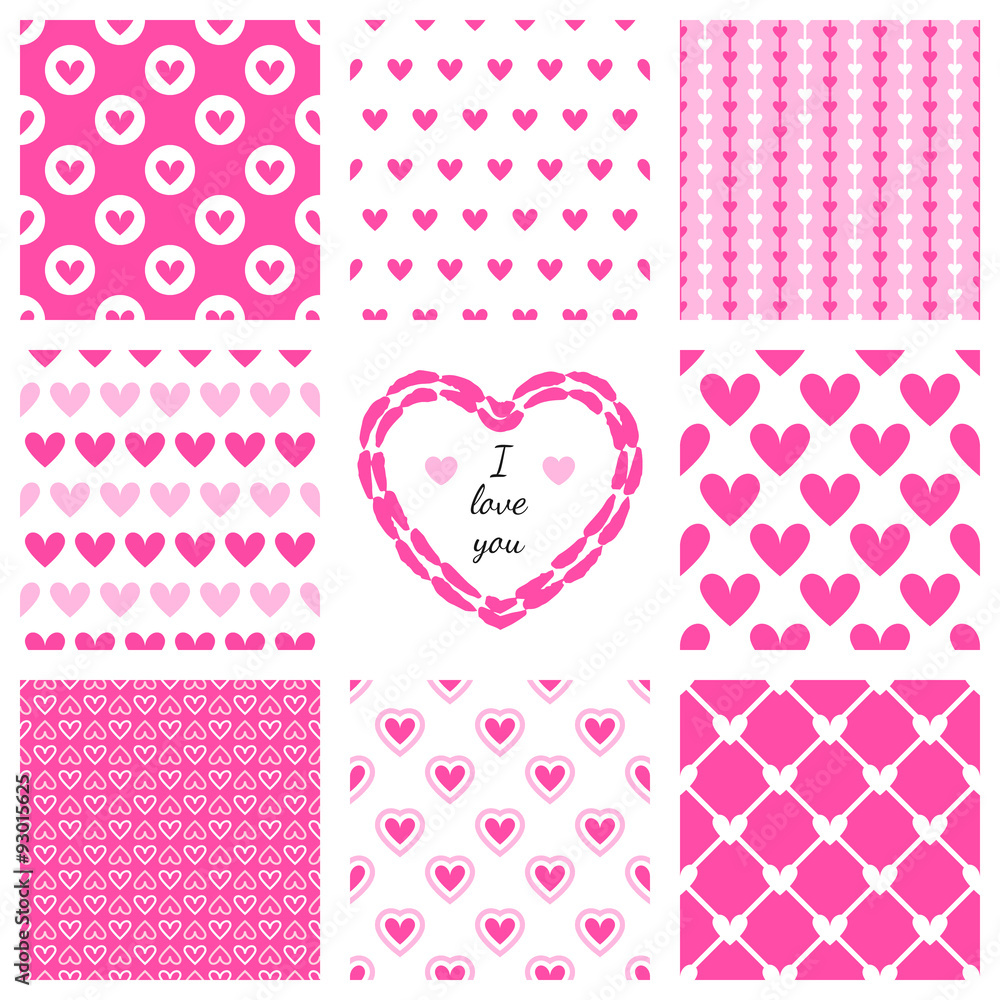 Set of hand-drawn textures heart shapes and romantic pattern.  