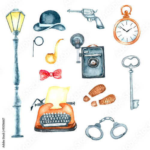 Watercolor retro detective accessories