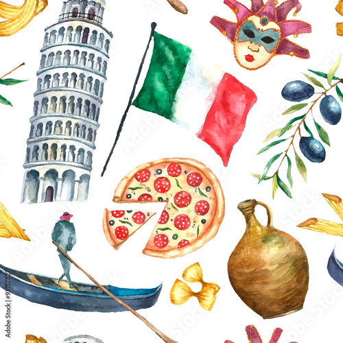 Seamless pattern of Italy icons watercolor illustration.
