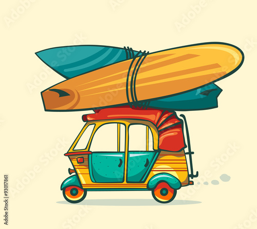 Auto rickshaw and surfboards.