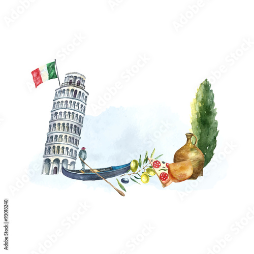 Canvas Print Set of Italy icons watercolor illustration.