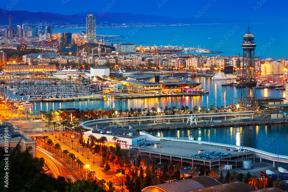  Port in Barcelona during evening. Catalonia, - obrazy, fototapety, plakaty 