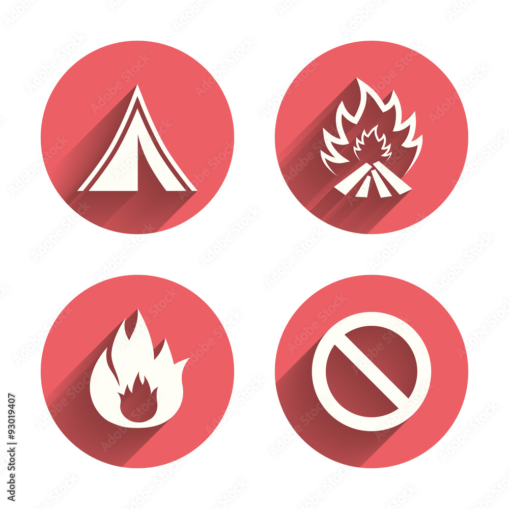 Tourist camping tent sign. Fire flame icons. Tourist camping tent sign. Fire flame icons.
