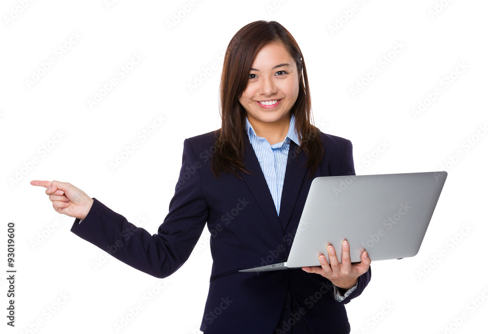 Asian Young businesswoman hold with laptop computer and finger p Asian Young businesswoman hold with laptop computer and finger p