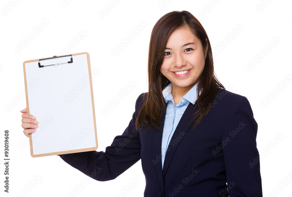 Businesswoman show clipboard with blank paper Businesswoman show clipboard with blank paper