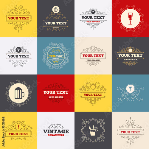 Alcoholic drinks signs. Champagne, beer icons.