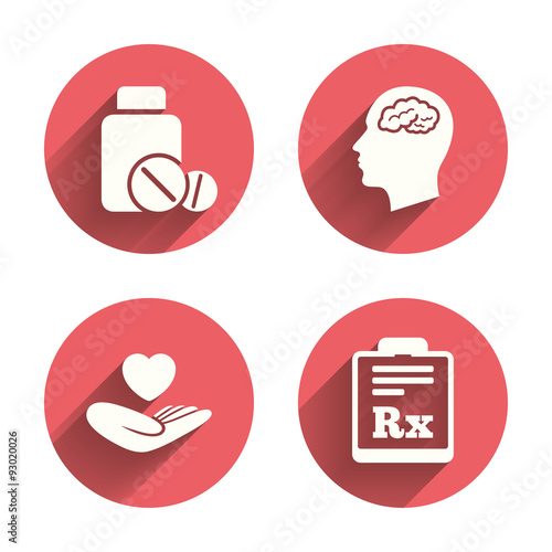 Medicine icons. Tablets bottle, brain, Rx.