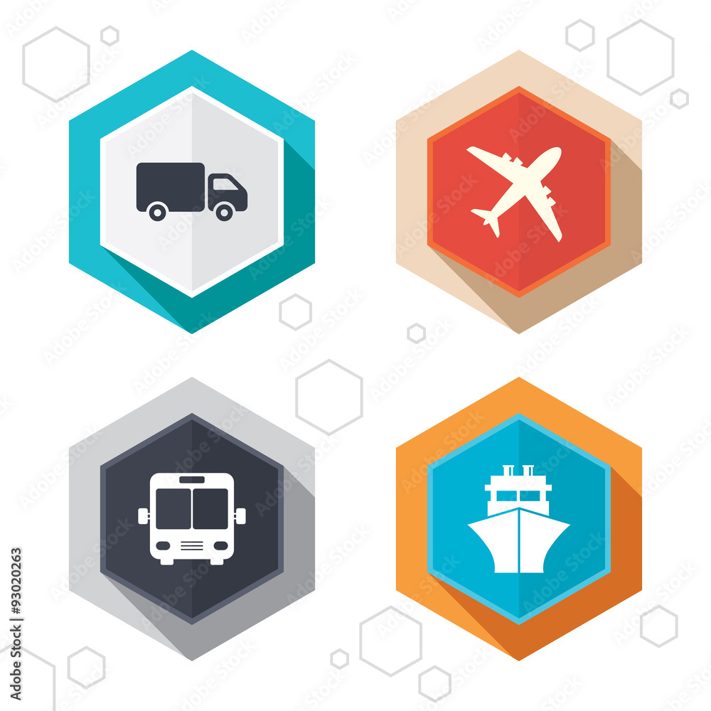 Transport icons. Truck, Airplane, Bus and Ship. Transport icons. Truck, Airplane, Bus and Ship.
