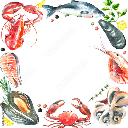 Set of seafood watercolor.