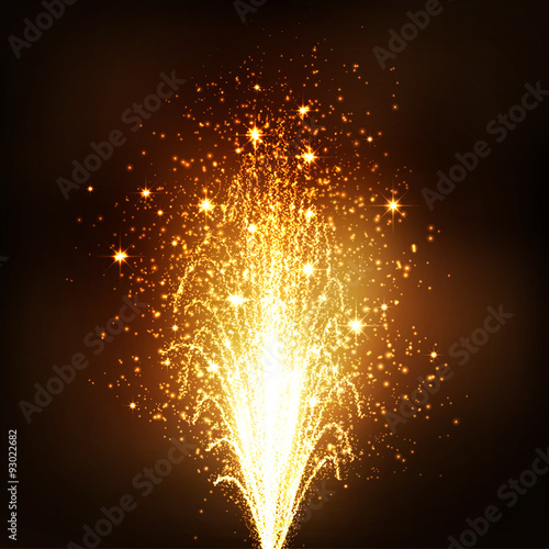 Feuerwerk - Goldene Funken sprühende, gleißende Silvester Vulkan Fontäne. Kleinfeuerwerk auf dunklem Hintergrund. 
Neujahr, Silvesterfeuerwerk, Pyroartikel, Pyrotechnik, Pyro, Böller, Knaller photo