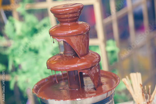 Vibrant Picture of Chocolate Fountain Fontain on childen kids birthday party with a kids playing around and marshmallows and fruits dip dipping into fountain 