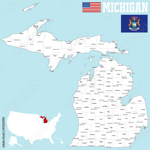 Large and detailed map of the State of Michigan with all counties and county seats.