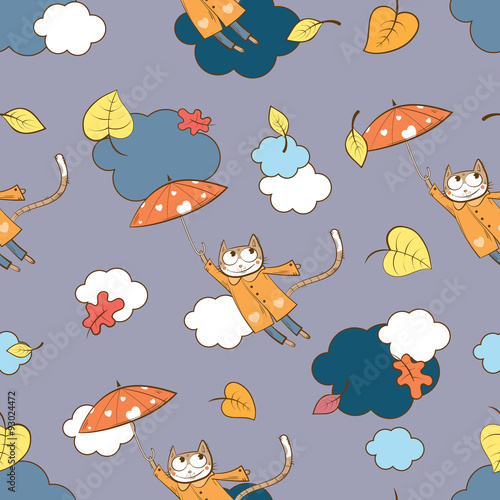 Autumn vector seamless pattern with the cats flying in the sky on umbrellas.