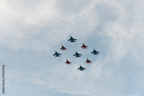 Group of airplanes Sukhoi Su-27 and MIG-29
