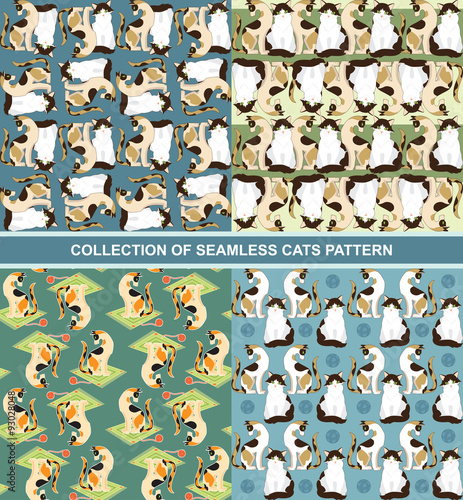 Collection of seamless cats pattern. Pattern cartoon fanny cats. Pattern cartoon fanny cats with toys. Pattern for children