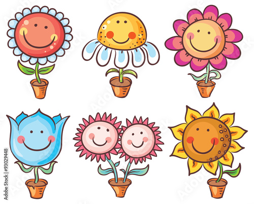 Flowers in pots as cartoon characters with faces