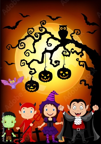 Halloween background with little kids wearing Halloween costume