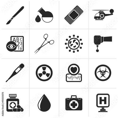 Black Medicine and hospital equipment icons - vector icon set