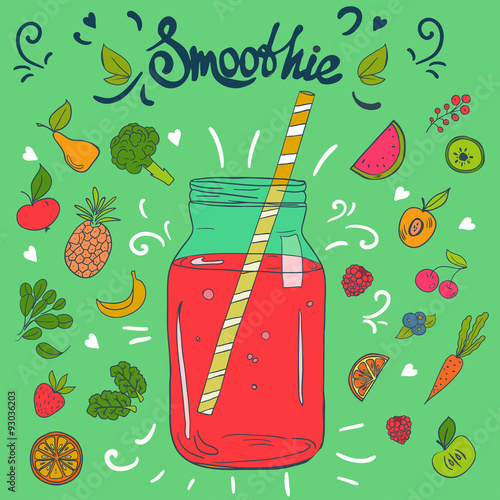 Template with hand drawn fruits and smoothie  jar