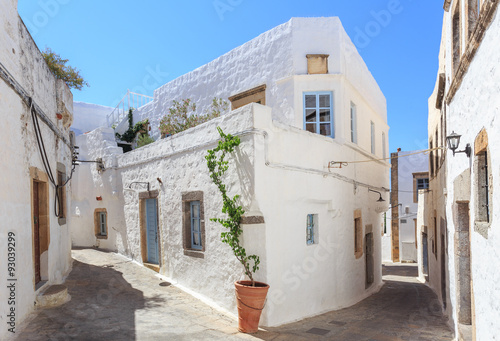 Fototapeta Naklejka Na Ścianę i Meble -  The small streets in the town of Chora on the Greek Holy Island of Patmos  belongs to the Dodecanese in the Aegean Sea