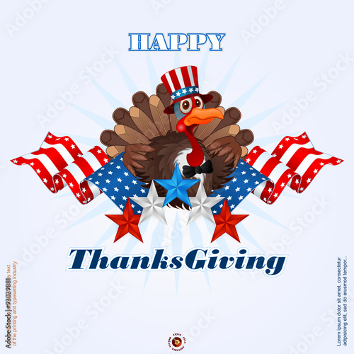 Happy Thanksgiving design background with cartoon turkey wearing a Uncle Sam hat and bow-tie; Cartoon Thanksgiving turkey on national flag colors for American Thanksgiving Day, large space for text