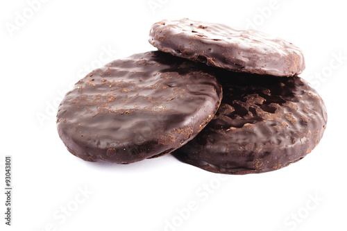Three sweet chocolate cookies, isolated on white background