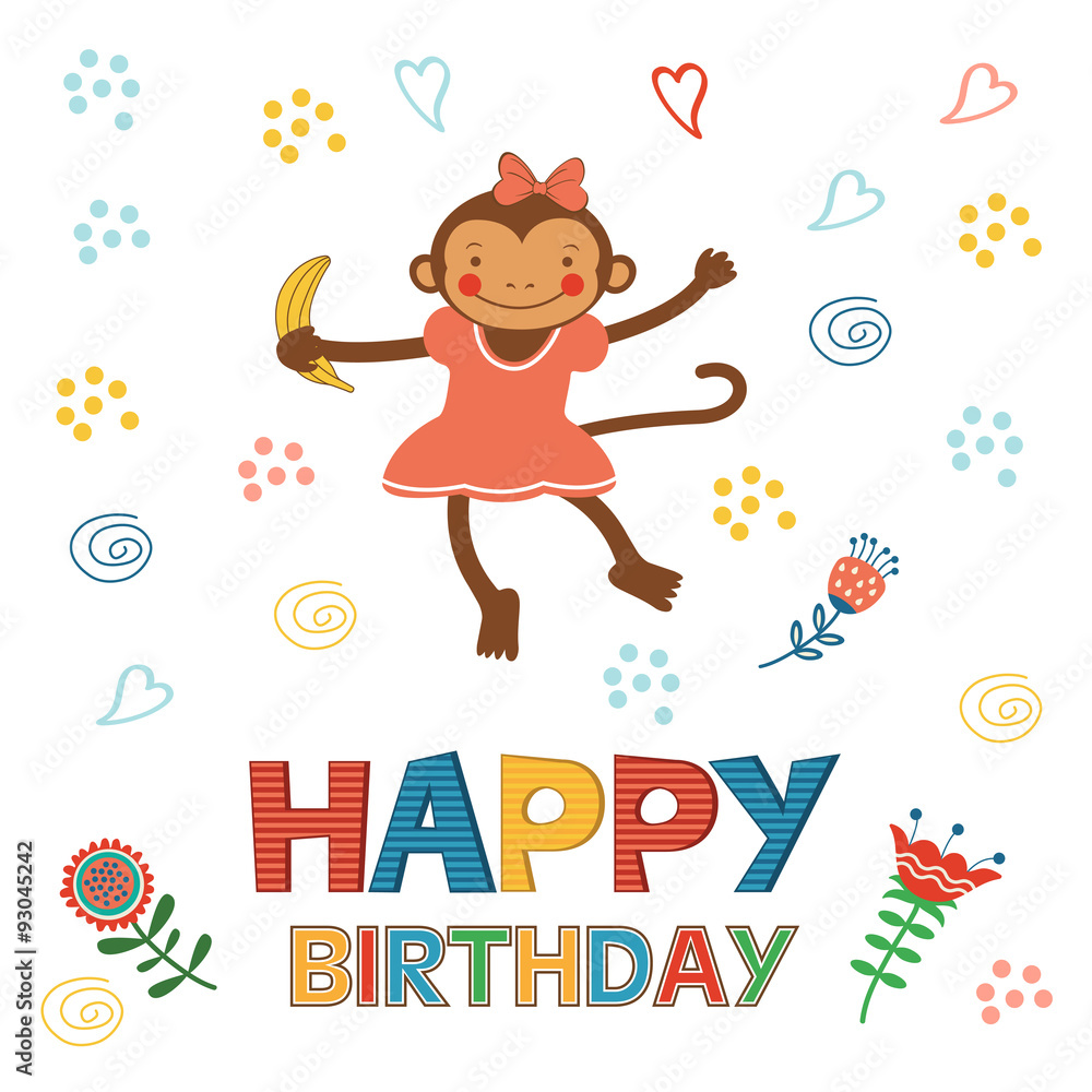 Naklejka premium Stylish Happy birthday card with cute monkey playing and having