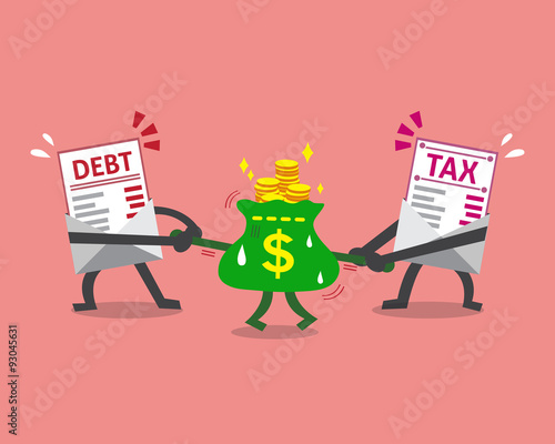 Cartoon character debt letter and tax letter pulling money bag