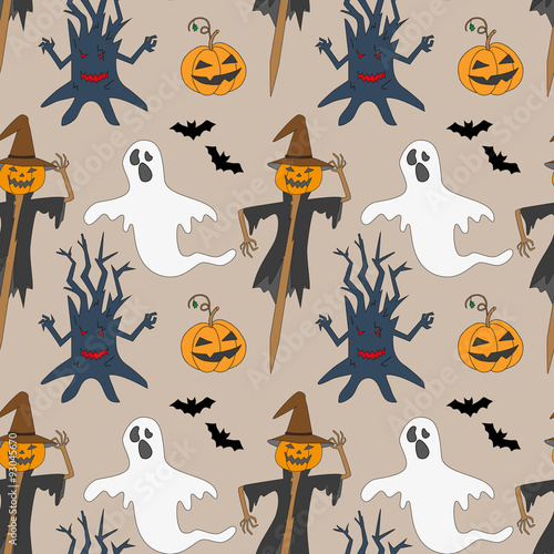 Seamless pattern with monsters. Print for Halloween. 