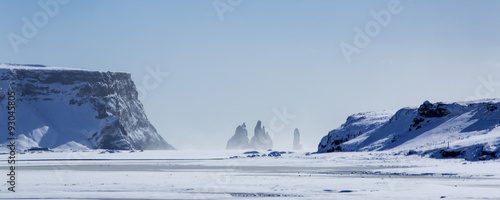 Panorama shot of three pinnacles of Vik, South Iceland photo