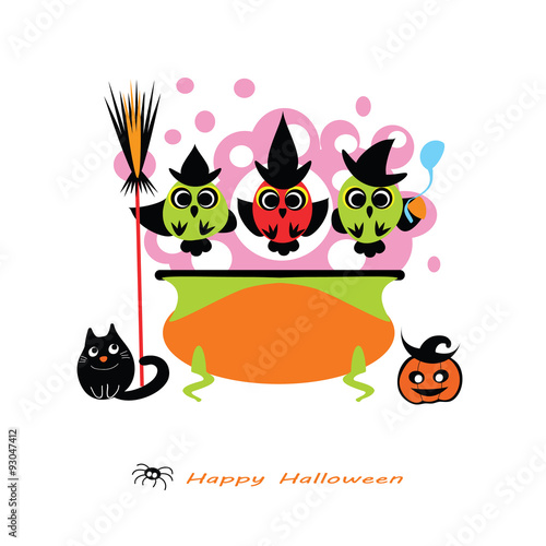 Halloween vector illustration - cute Owl Witches cooking potion in cauldron. Witch cauldron, Owls, witch hat, cat, pumpkin, broom. Cute Halloween card - flat silhouettes. Eps 10. Isolated on white.