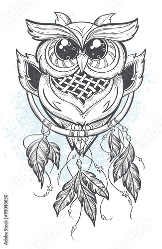 Dreamcatcher outline vector illustration with owl feathers