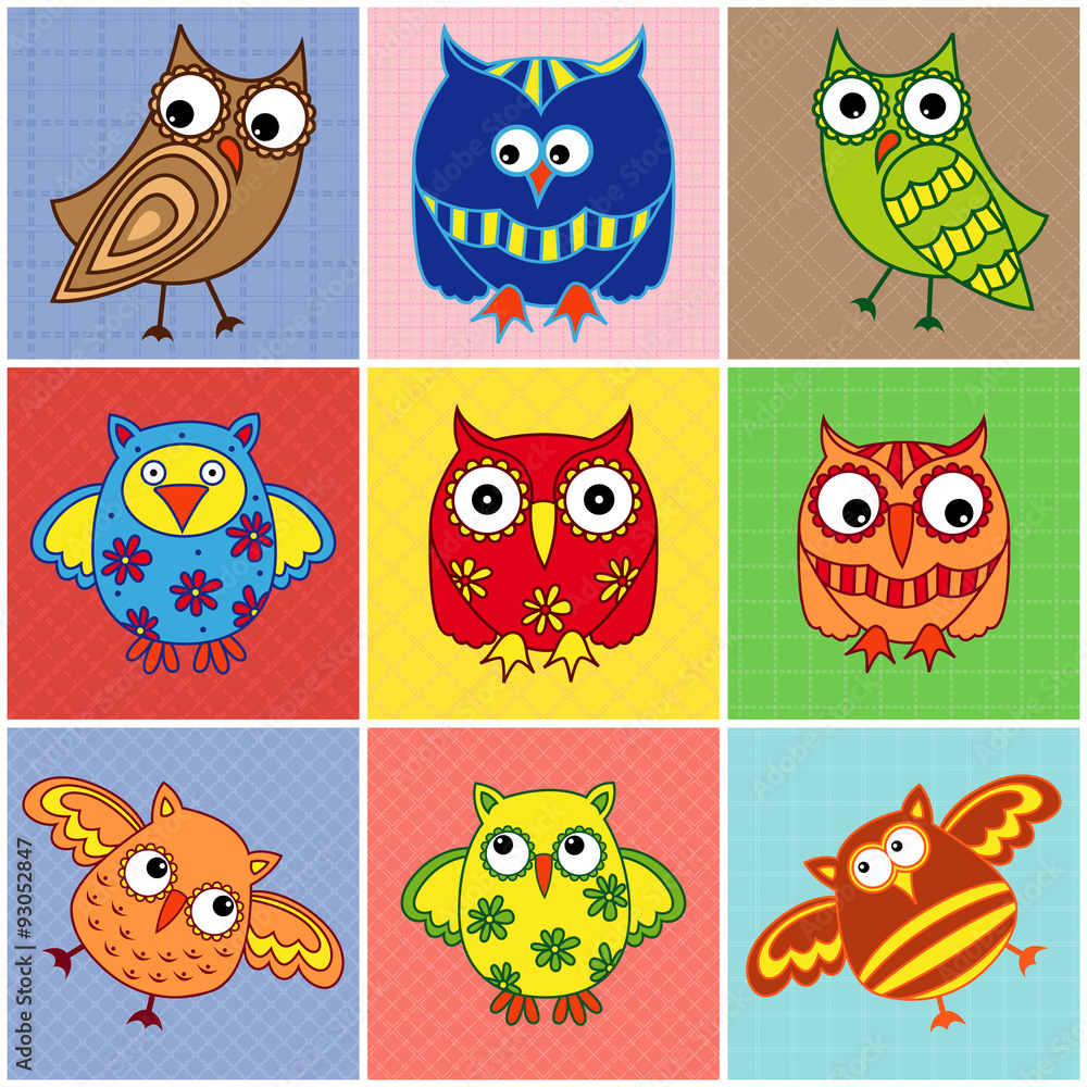 Nine amusing owls over square seamless patterns Nine amusing owls over square seamless patterns