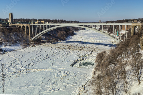 Rainbow Bridge with the river frozen over, taken from the US side.