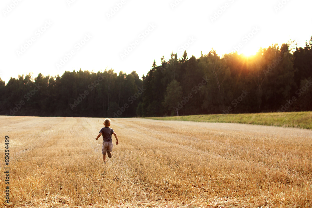 boy running in the field of rye

