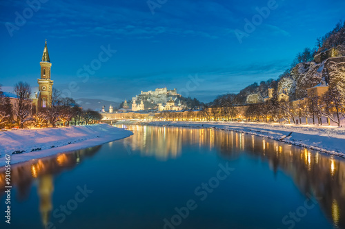 Historic city of Salzburg in winter at dusk, Austria