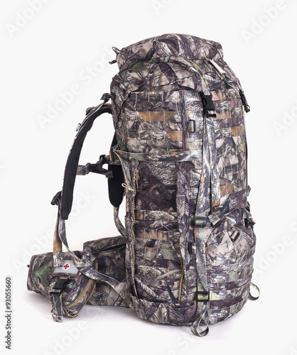 hiking backpack for hunters camouflage with side pockets on a white background