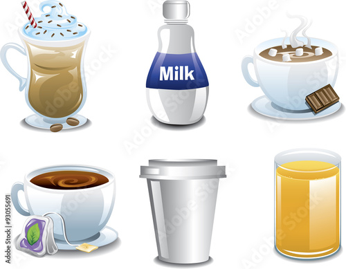 Illustration of six different coffee and breakfast beverages.