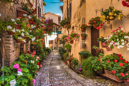 Fototapete Blumenstraße im Zentrum von Italien, in der kleinen umbrischen mittelalterliche