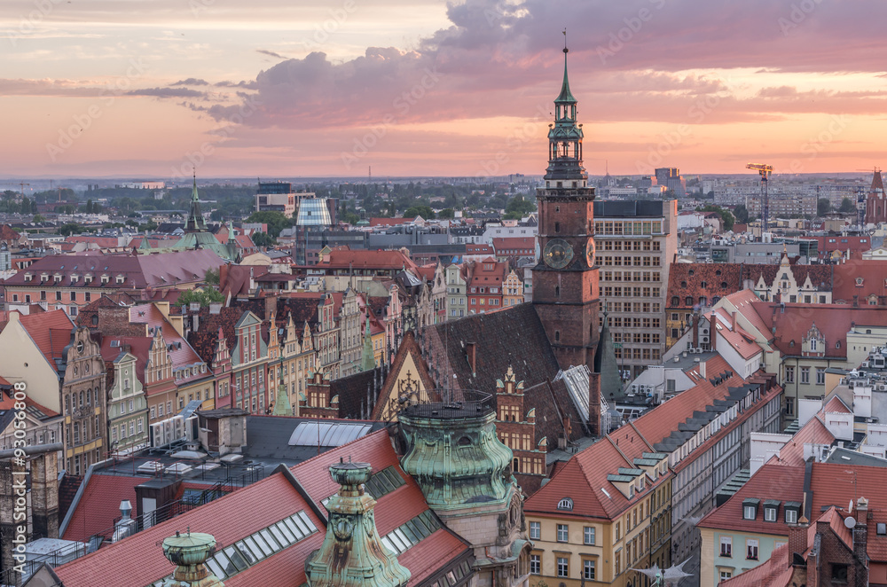 Old city of Wroclaw with Town hall seen from church tower on colorful sunset