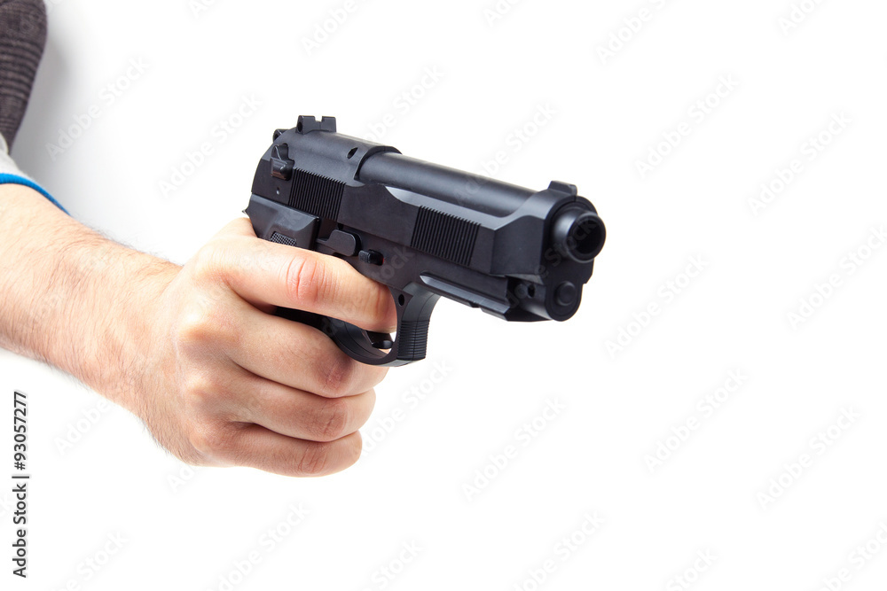 Man's hand holding gun, isolated on white. Man's hand holding gun, isolated on white.