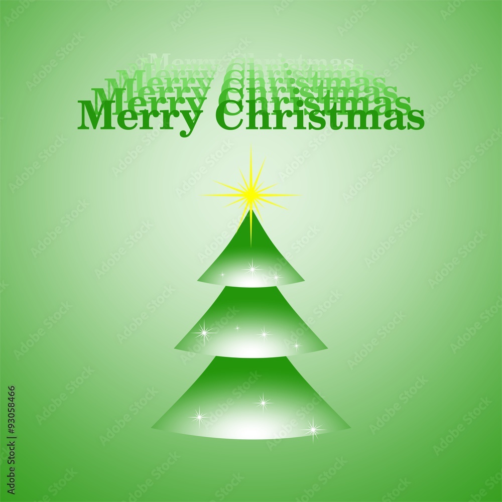 Green Christmas card with a green Christmas tree with glistening white snow with yellow star and green increasing writing Merry Christmas on green background Green Christmas card with a green Christmas tree with glistening white snow with yellow star and green increasing writing Merry Christmas on green background