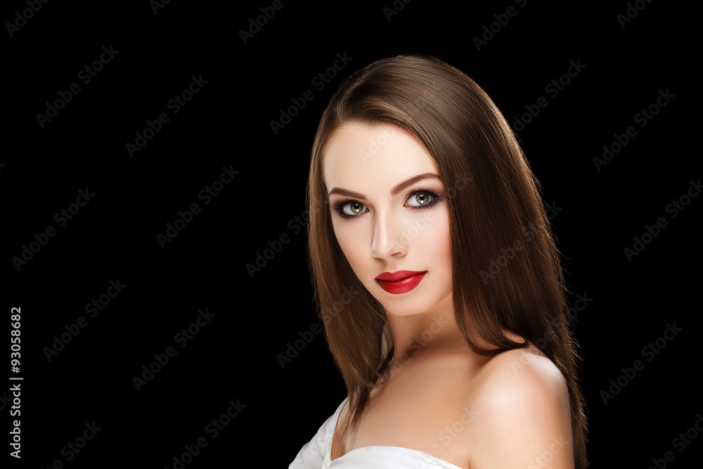 young beautiful brunette woman with makeup and red lips in white shirt on black background young beautiful brunette woman with makeup and red lips in white shirt on black background