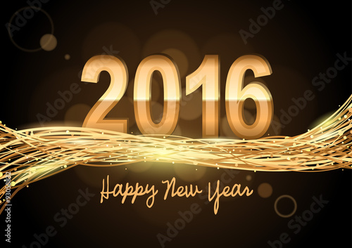 New Year Greeting Card with Glowing Golden Fibers - Abstract Illustration, Vector