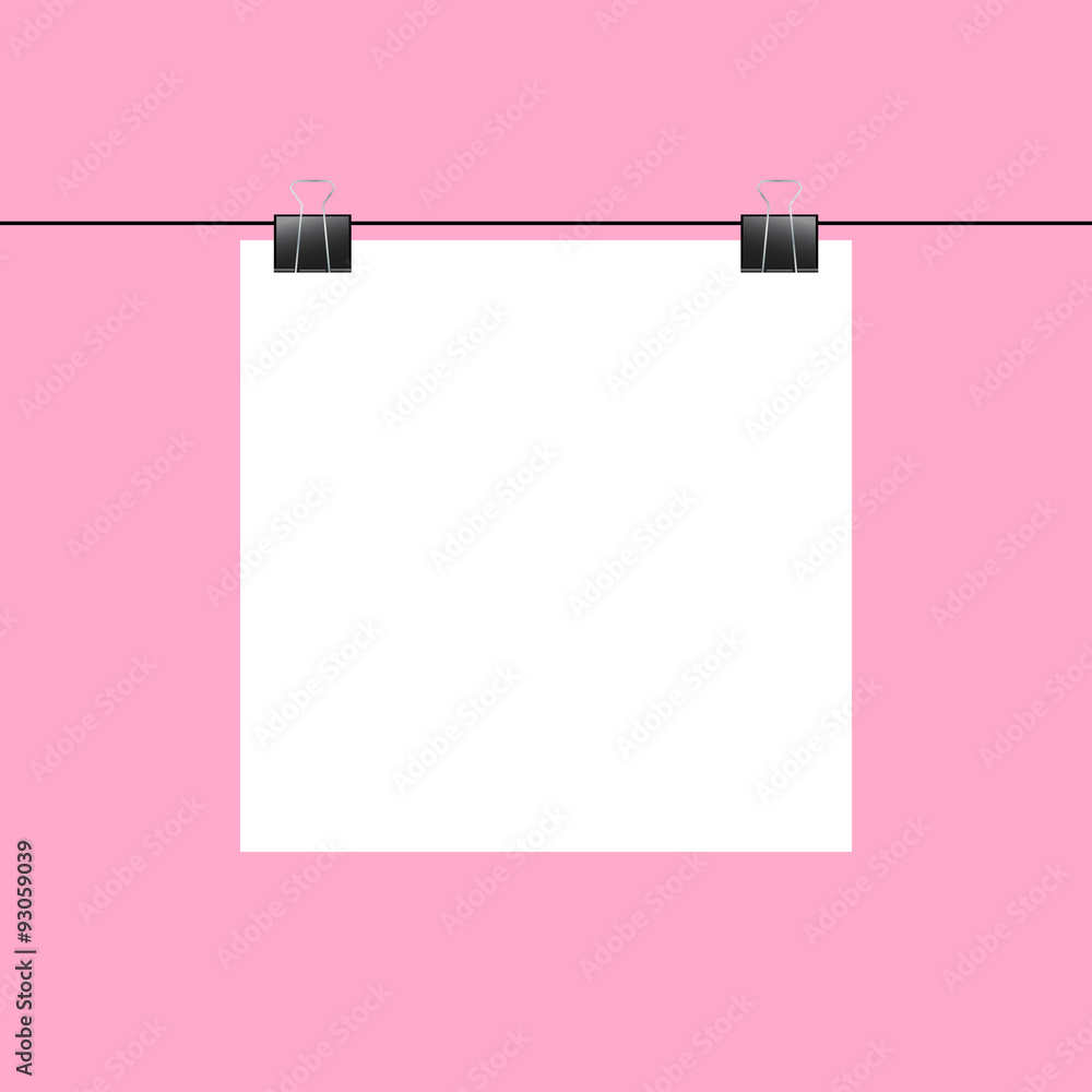 Blank square paper hanging on two paper clips Blank square paper hanging on two paper clips